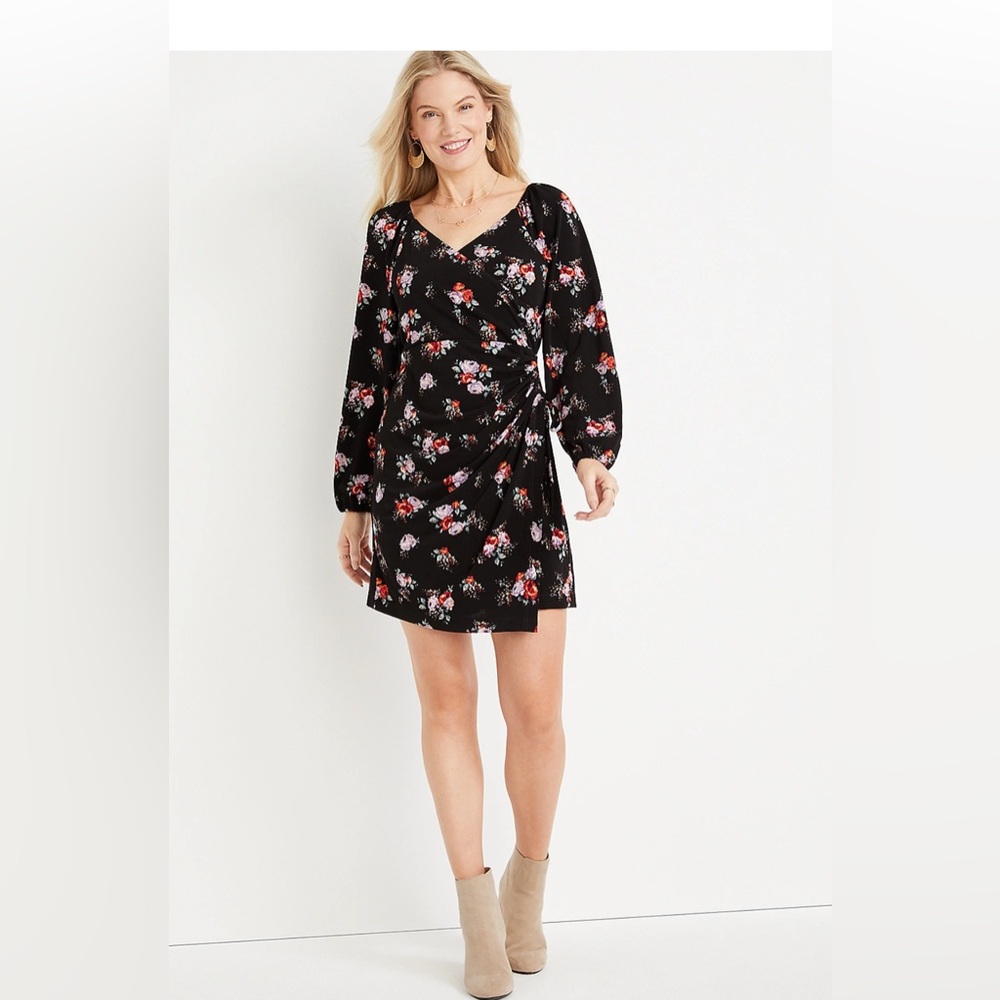Floral black floral wrap mini dress